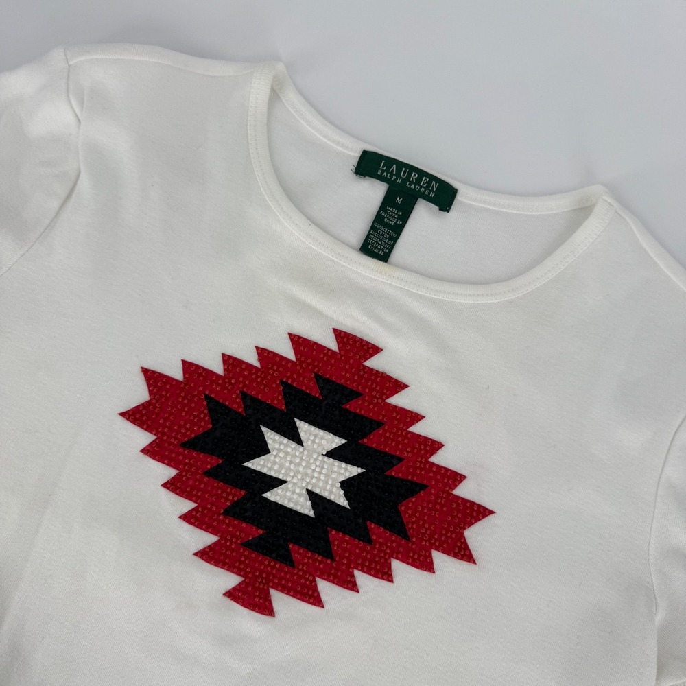 Lauren Ralph Lauren Southwestern Aztec Graphic Tee White Medium Cotton‎ Shirt